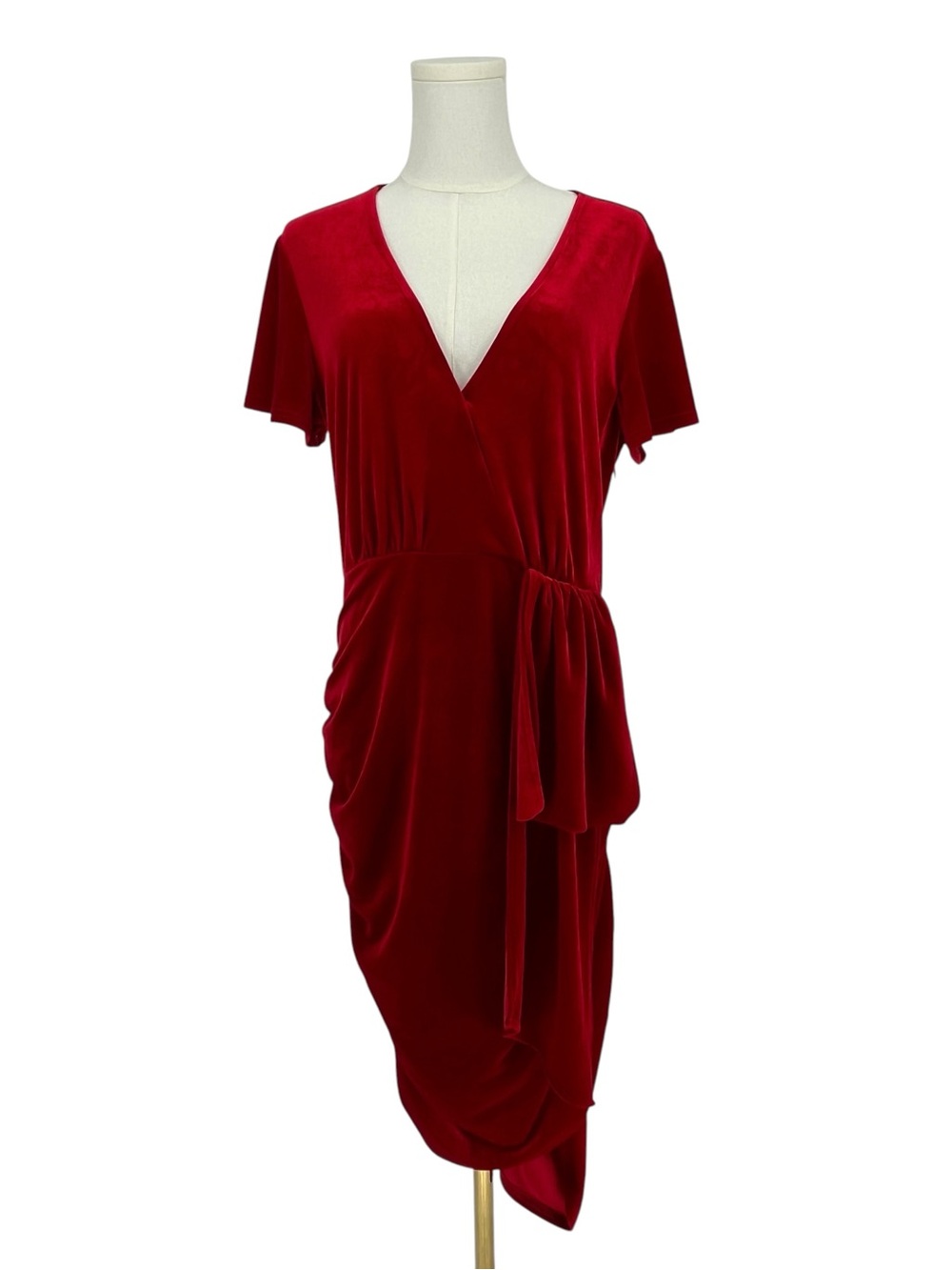 FAB’RIK Deep Red Velvet Surplice Asymmetrical Midi Cocktail Dress L